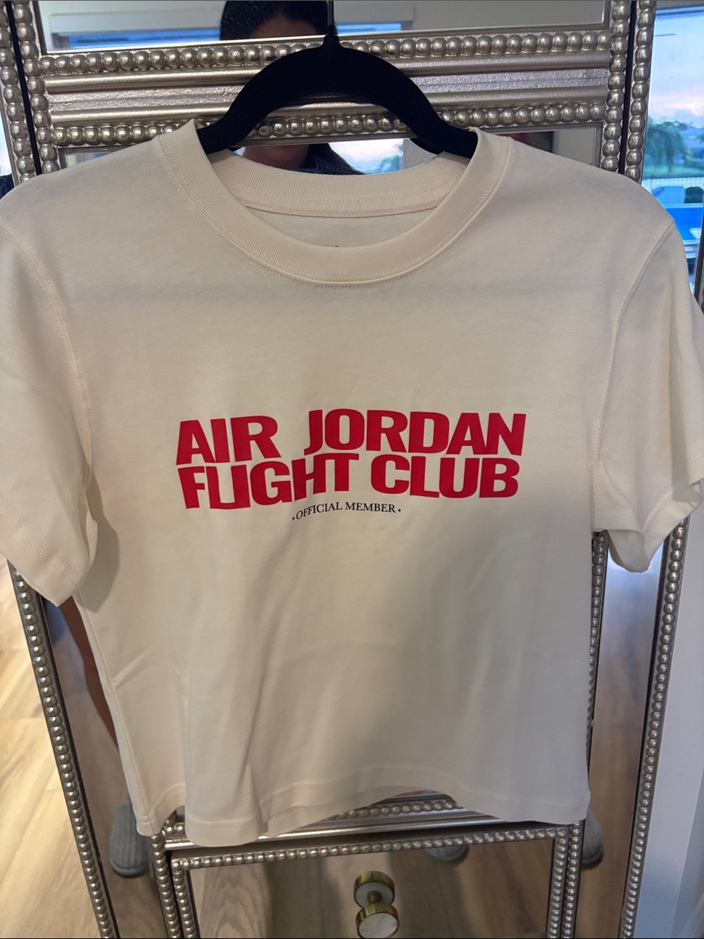 Jordan White Tee with Red and Black Flight Club Patch